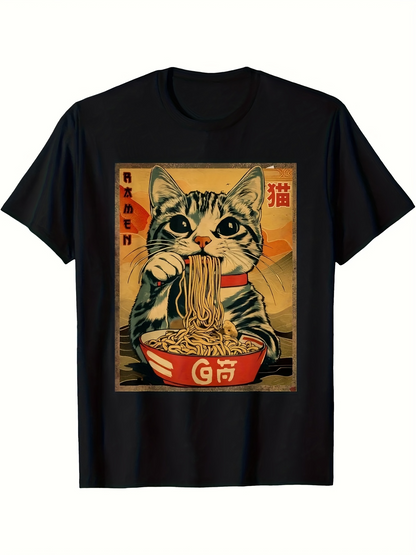 Men's Graphic T-Shirt Whimsical Retro Style Cat Eating Noodles In Vibrant Urban Setting Cat
