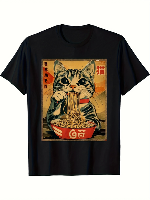 Men's Graphic T-Shirt Whimsical Retro Style Cat Eating Noodles In Vibrant Urban Setting Cat