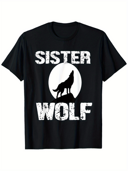 Men's Graphic T-Shirt Sister Wolf Standing Proudly Against Full Moon Howling Wild Wolf