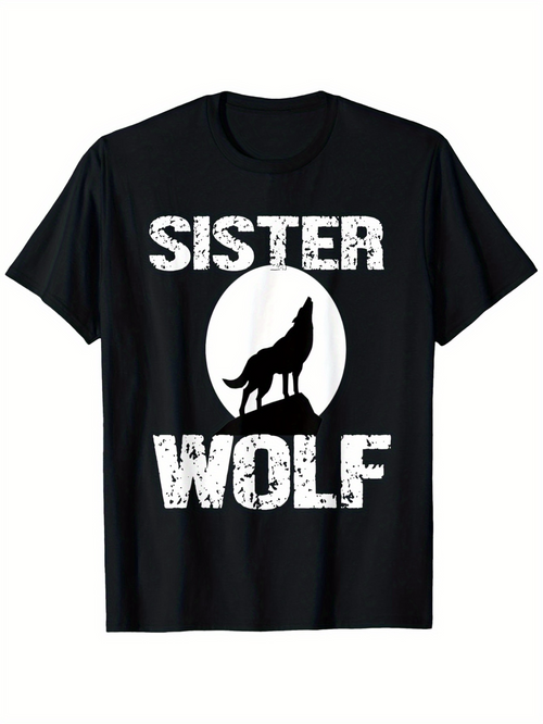 Men's Graphic T-Shirt Sister Wolf Standing Proudly Against Full Moon Howling Wild Wolf