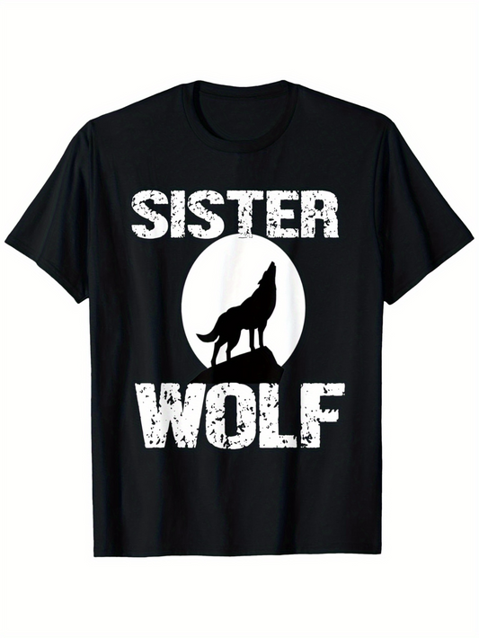 Men's Graphic T-Shirt Sister Wolf Standing Proudly Against Full Moon Howling Wild Wolf