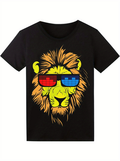 Men's Graphic T-Shirt Colorful Neon Sunglasses With Music Vibes On Majestic Lion