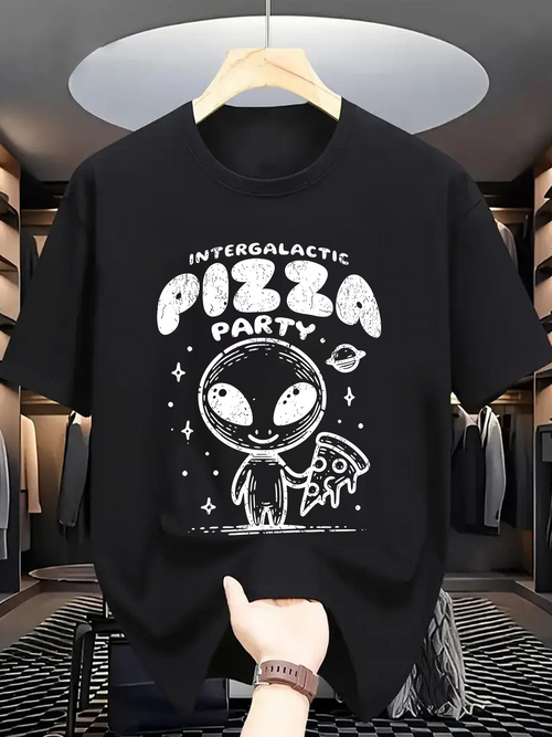 Men's Graphic T-Shirt Intergalactic Pizza Party Alien With Pizza Slice In Outer Space