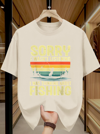 Men's Graphic T-Shirt Sorry I Was Thinking About Fishing Vintage Sunset With A Boating Scene T Shirt