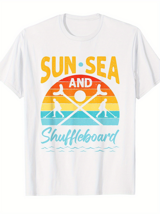 Men's Graphic T-Shirt Sun Sea And Shuffleboard With Vibrant Sunset Shuffleboard Players