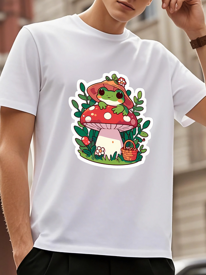 Men's Graphic T-Shirt Cute Green Frog Sitting On Red Mushroom Surrounded By Leaves And Flowers