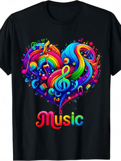 Men's Graphic T-Shirt Music Rainbow Swirls And Notes In A Heart Shape Design