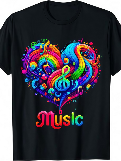 Men's Graphic T-Shirt Music Rainbow Swirls And Notes In A Heart Shape Design