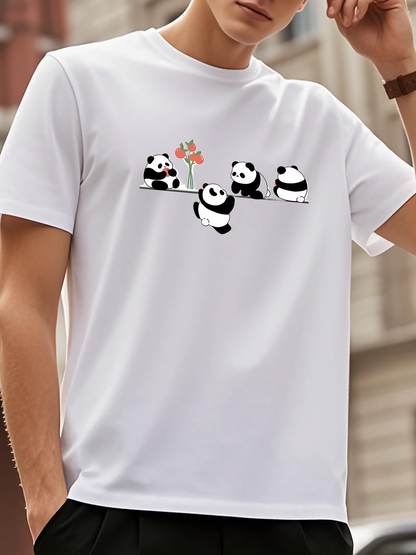 Men's Graphic T-Shirt Playful Pandas Holding Pink Flower On A White Soft Cotton T Shirt