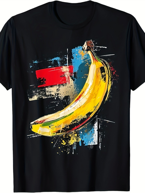 Men's Graphic T-Shirt Abstract Brushstroke Colorful Background Featuring A Large Ripe Banana