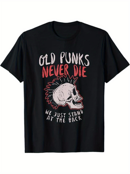 Men's Graphic T-Shirt Old Punks Never Die With Grunge Skull Mohawk And Bold Lettering Skull