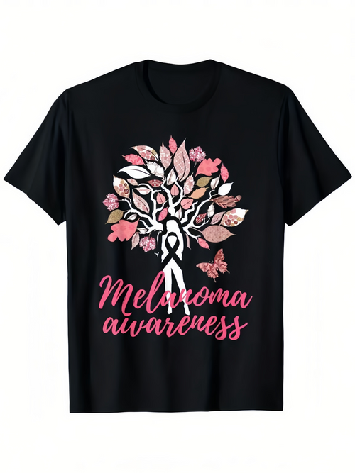 Men's Graphic T-Shirt Melanoma Awareness Pink Leaves And Ribbon Tree Graphic With Silhouette Under Blossoming Tree
