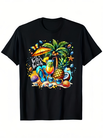 Men's Graphic T-Shirt Better At The Beach Vibrant Tropical Fruits Under Palm Tree With Ocean Umbrella