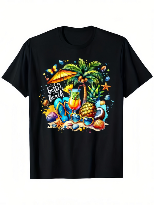 Men's Graphic T-Shirt Better At The Beach Vibrant Tropical Fruits Under Palm Tree With Ocean Umbrella