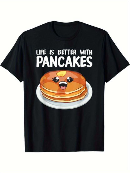 Men's Graphic T-Shirt Life Is Better With Pancakes Happy Smiling Buttered Stack On Plate Pancake