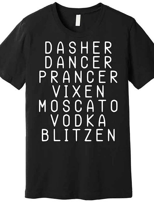 Men's Graphic T-Shirt Dasher Dancer Prancer Vixen Moscato Vodka Blitzen Playful Holiday Inspired Typography T Shirt