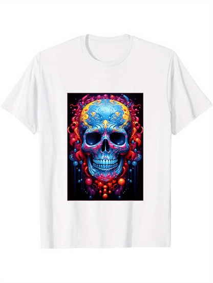 Men's Graphic T-Shirt Vivid Neon Abstract Patterns Glowing Around Mystical Human Skull