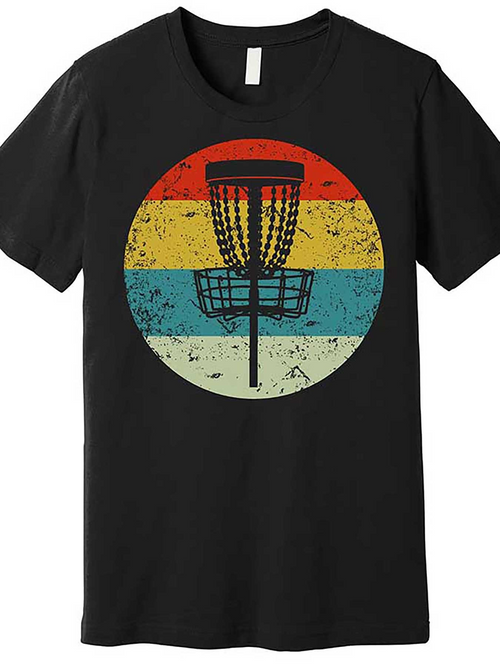 Men's Graphic T-Shirt Sunset Colored Stripes With Black Silhouette Disc Golf Basket