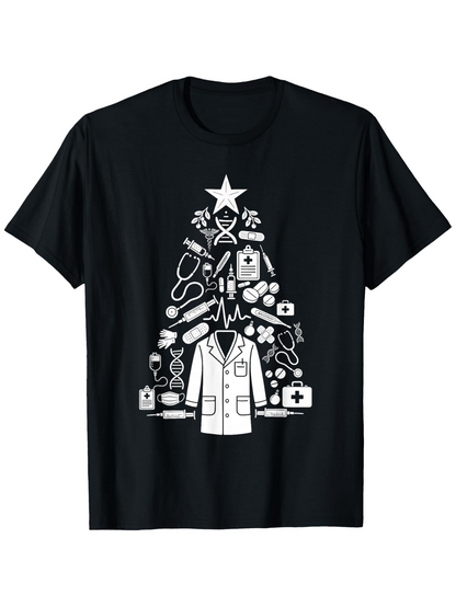 Men's Graphic T-Shirt Holiday Christmas Tree With Medical Tools And Doctor Coat