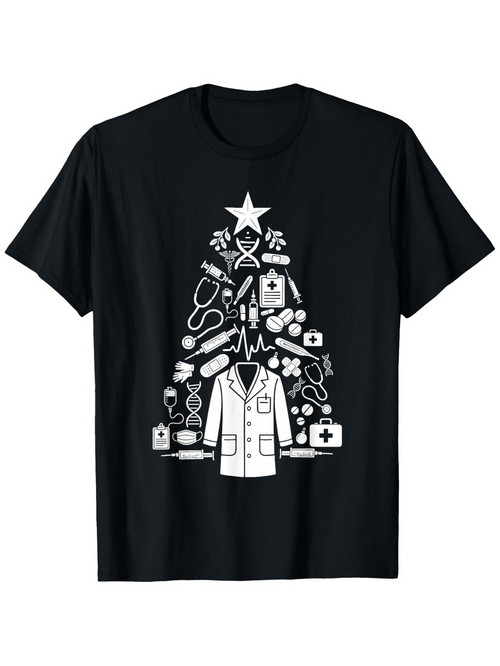 Men's Graphic T-Shirt Holiday Christmas Tree With Medical Tools And Doctor Coat