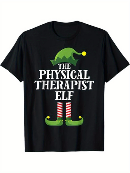 Men's Graphic T-Shirt The Physical Therapist Elf Christmas Hat With Striped Socks And Green Shoes Elf