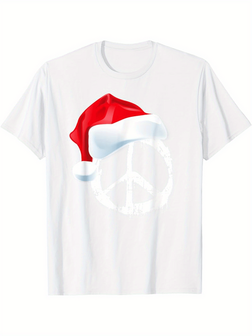 Men's Graphic T-Shirt Peace Symbol With Red Santa Hat On Festive White Shirt