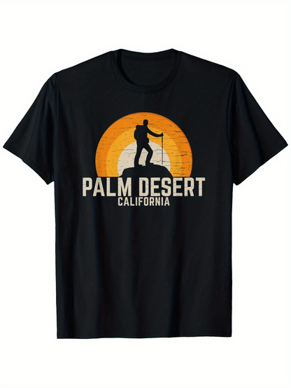 Men's Graphic T-Shirt Palm Desert California Retro Sunset With Hiker Silhouette And Sand Dunes