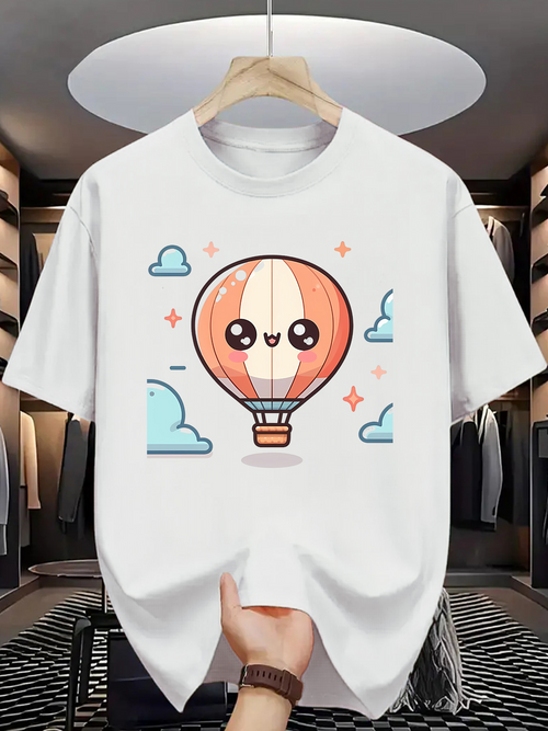 Men's Graphic T-Shirt Kawaii Style Floating Clouds And Smiling Balloon Cartoon Hot Air Balloon