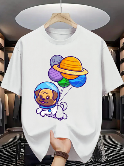 Men's Graphic T-Shirt Floating Space Adventure Balloons With Astronaut Puppy Under Planets