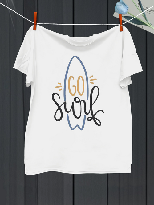 Men's Graphic T-Shirt Go Surf With Playful Lettering Around Blue Surfboard