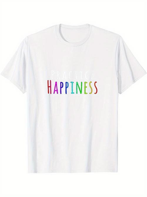 Men's Graphic T-Shirt Rainbow Colored Letters On Soft Cotton Happiness
