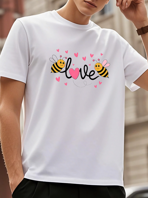 Men's Graphic T-Shirt Love Surrounded By Pink Hearts With Two Smiling Bees