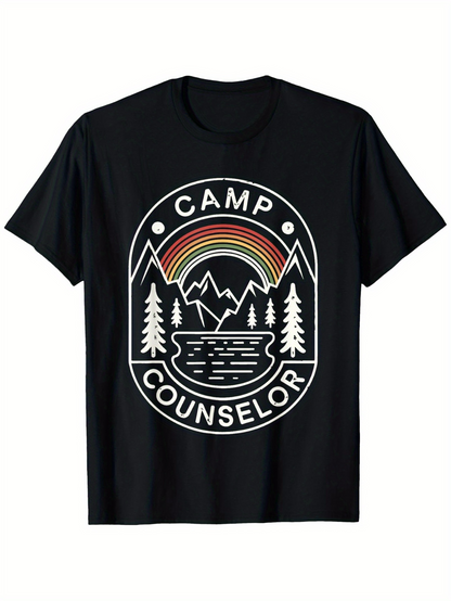 Men's Graphic T-Shirt Camp Counselor With Rainbow Mountains And Serene Lake Among Pine Trees
