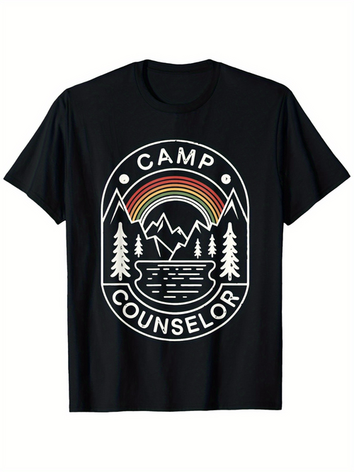 Men's Graphic T-Shirt Camp Counselor With Rainbow Mountains And Serene Lake Among Pine Trees