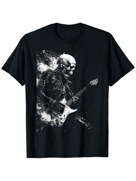 Men's Graphic T-Shirt Explosive Rock Music Skulls With Electric Guitar Vivid Energy Amid Dark Shadows