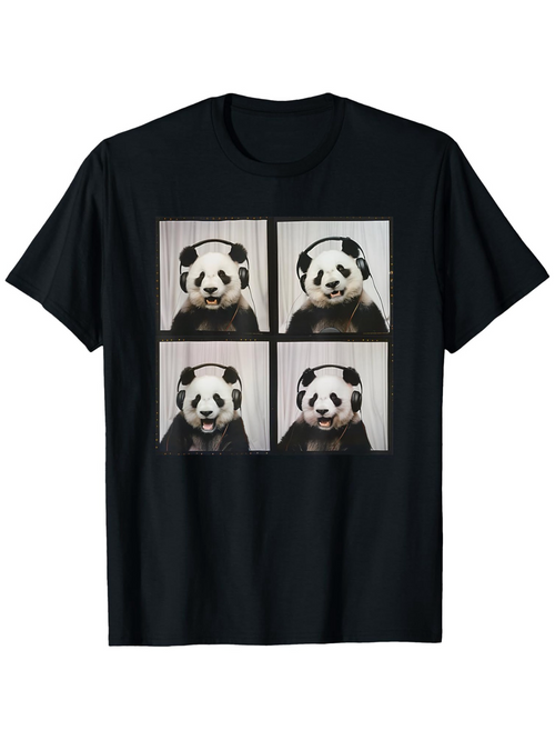 Men's Graphic T-Shirt Four Photographic Portrait Panels Featuring Playful Panda Bear