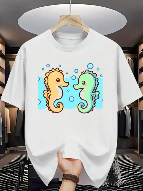 Men's Graphic T-Shirt Playful Bubbles Floating Around Two Cute Seahorses