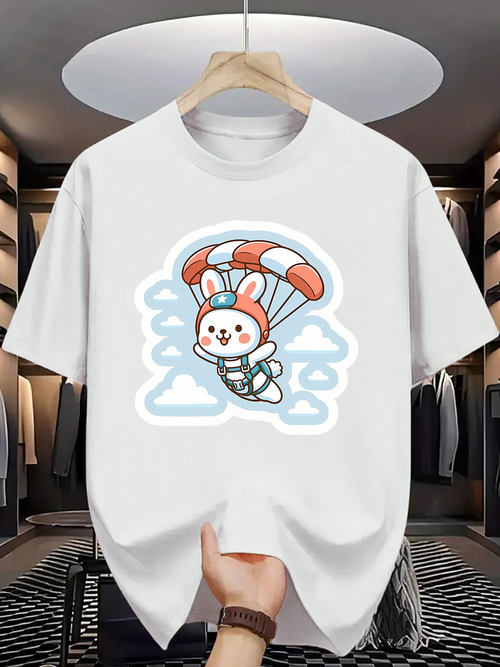 Men's Graphic T-Shirt Cartoon Clouds With Parachuting Bunny Under Blue Sky