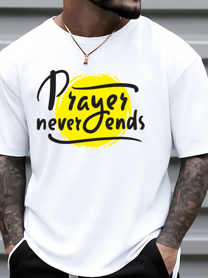 Men's Graphic T-Shirt Prayer Never Ends Stylized Yellow Brushstroke Behind Strong Text Message