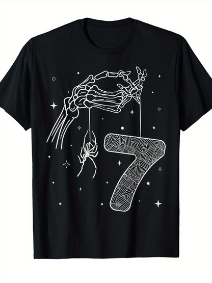 Men's Graphic T-Shirt Skeleton Hand Dangling Spider Under Cosmic Night With Number Seven