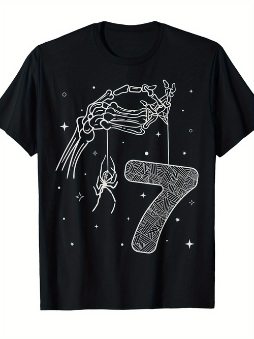 Men's Graphic T-Shirt Skeleton Hand Dangling Spider Under Cosmic Night With Number Seven