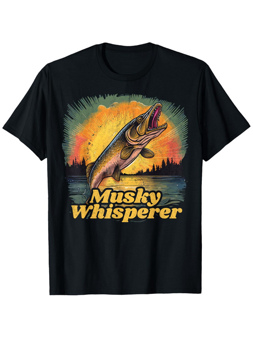 Men's Graphic T-Shirt Sunrise Lake Reflections With Muskie Jumping Over Water Fish