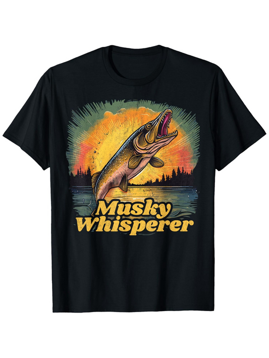 Men's Graphic T-Shirt Sunrise Lake Reflections With Muskie Jumping Over Water Fish