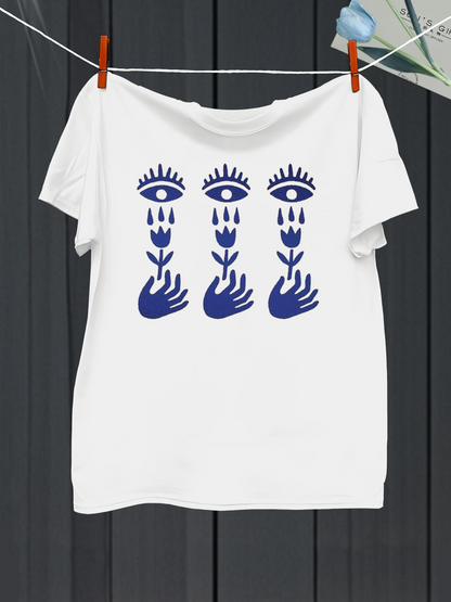 Men's Graphic T-Shirt Abstract Lines With Surreal Blue Hands And All Seeing Eyes
