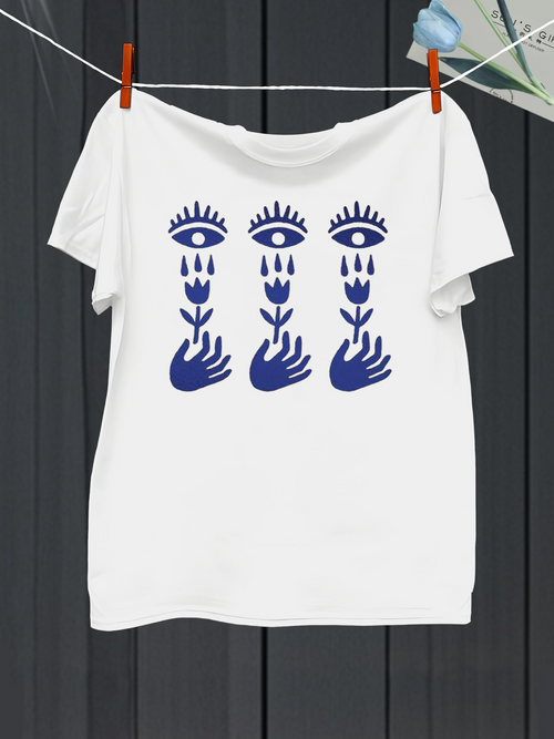 Men's Graphic T-Shirt Abstract Lines With Surreal Blue Hands And All Seeing Eyes