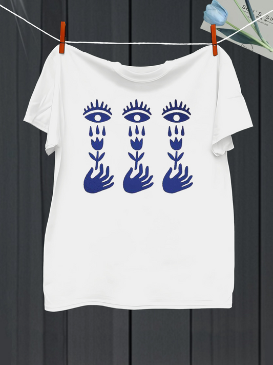 Men's Graphic T-Shirt Abstract Lines With Surreal Blue Hands And All Seeing Eyes