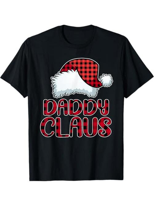 Men's Graphic T-Shirt Daddy Claus Red Plaid Patterned Bold Letters With Santa Hat