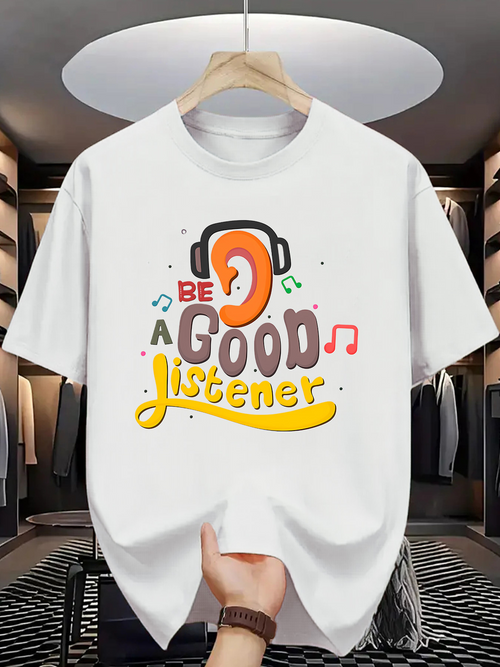 Men's Graphic T-Shirt Be A Good Listener With Music Notes And Cartoon Ear Illustration