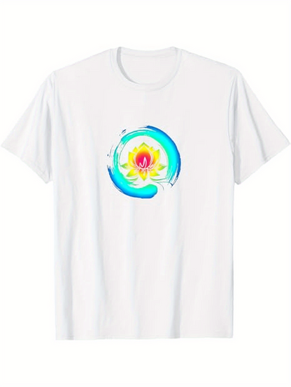 Men's Graphic T-Shirt Radiant Blue Watercolor Swirl Encircling A Pink Blooming Lotus Flower