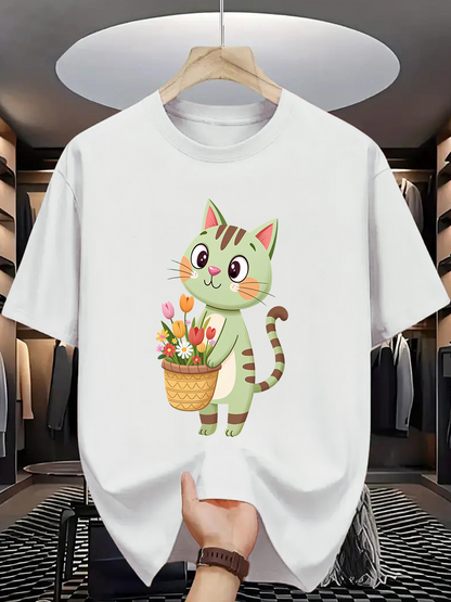 Men's Graphic T-Shirt Cute Green Striped Cat Holding Colorful Flower Basket